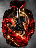 Oceanlyte Men's Long Sleeve Hoodie - Black Horse With Red Flowing Fabric And Golden Sparkles Print