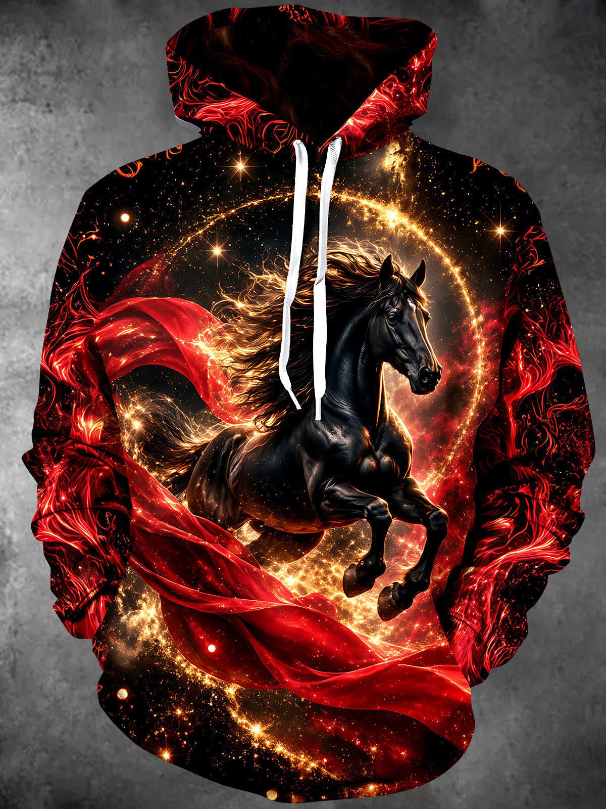 Oceanlyte Men's Long Sleeve Hoodie - Black Horse With Red Flowing Fabric And Golden Sparkles Print