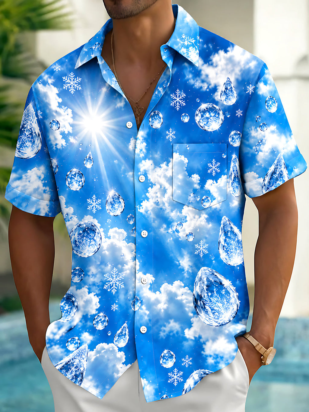 Oceanlyte Men's Hawaiian Ice Crystals Print Snowflakes Print Short Sleeve Shirt with Chest Pocket