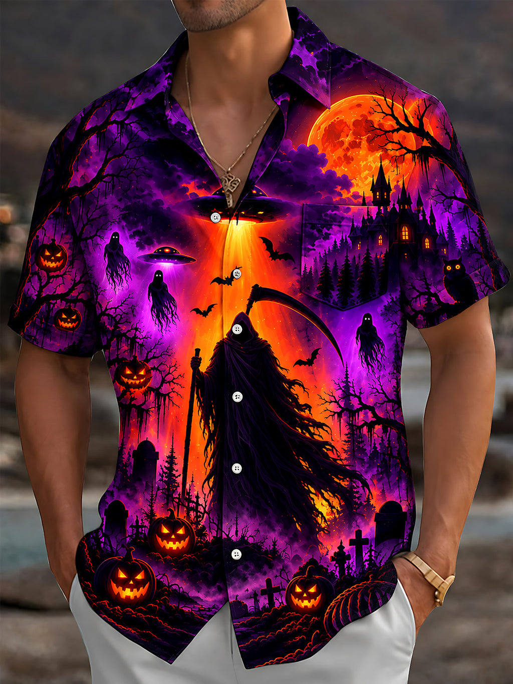 Oceanlyte Men's Short Sleeve Shirt - Halloween Grim Reaper And Jack-o-lanterns In A Graveyard Print with Chest Pocket