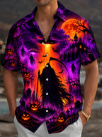 Oceanlyte Men's Short Sleeve Shirt - Halloween Grim Reaper And Jack-o-lanterns In A Graveyard Print with Chest Pocket