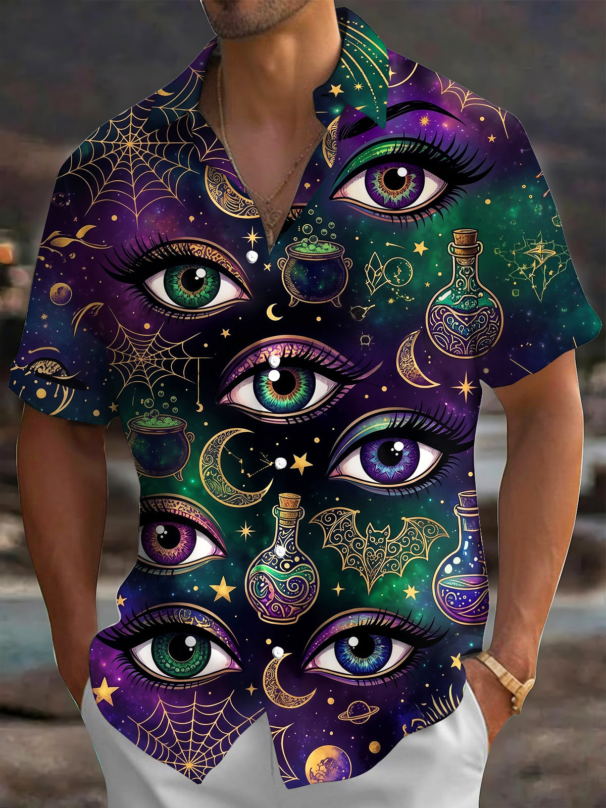Oceanlyte Men's Short Sleeve Shirt - Halloween Mystical Elements Print Mystical Eyes And Starry Sky Print with Chest Pocket