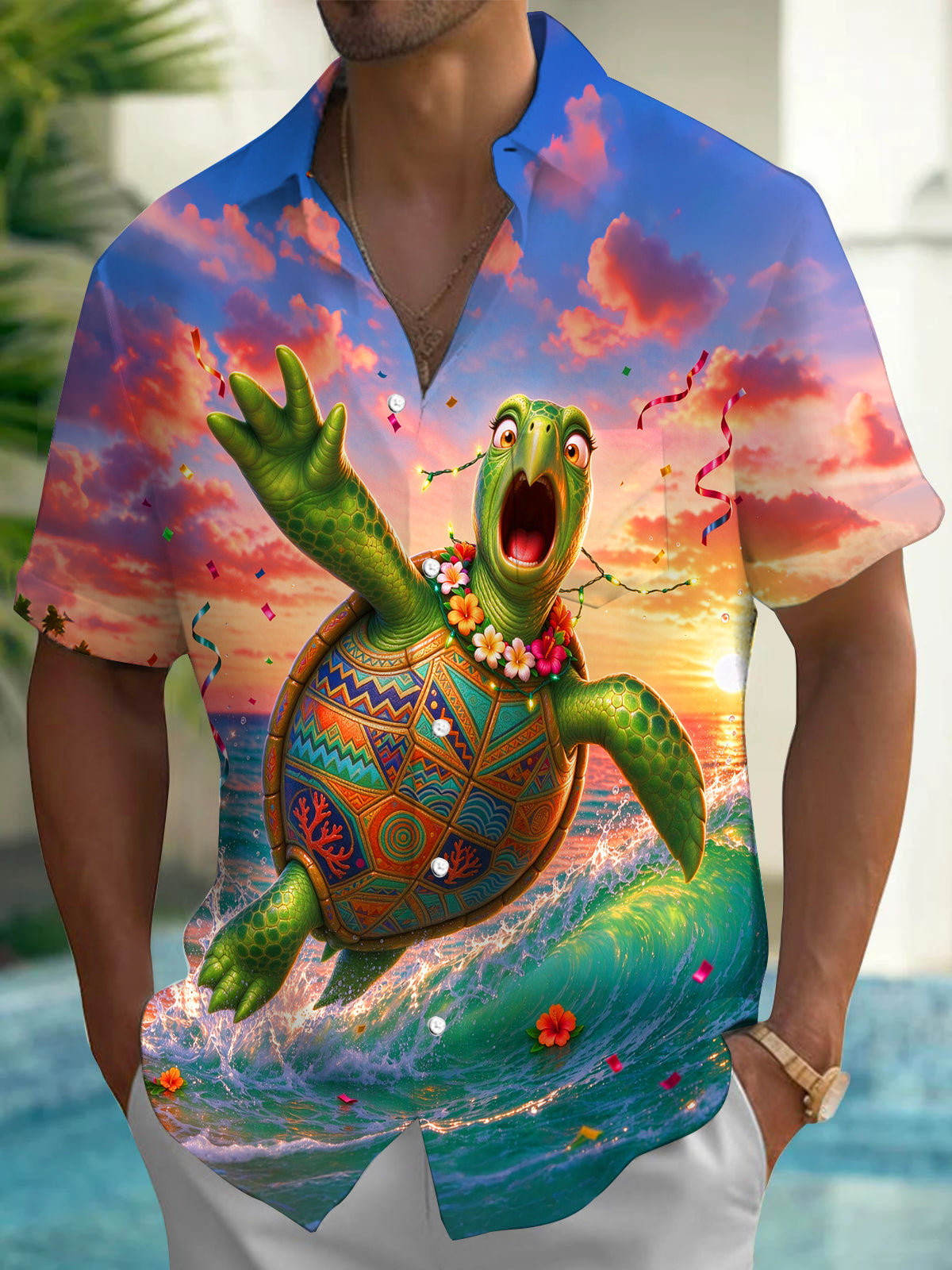 Oceanlyte Men's Short Sleeve Shirt - Animated Turtle With Hawaiian Lei And Sunset Seascape Print with Chest Pocket
