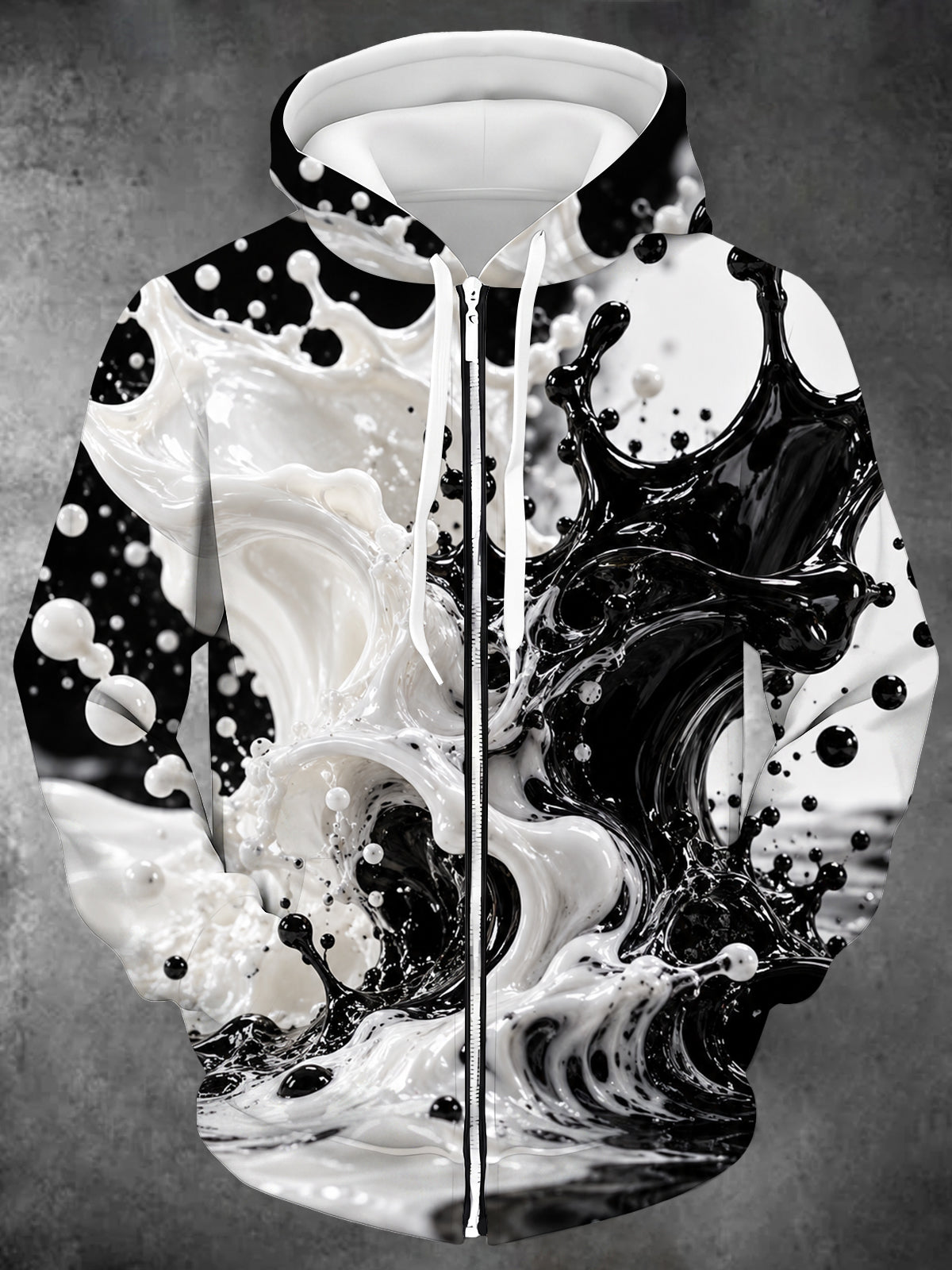 Oceanlyte Men's Long Sleeve Zip-Up Hoodie - Abstract Black And White Liquid Splashes Print with Kangaroo Pocket