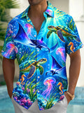 Oceanlyte Men's Underwater Sea Turtles And Jellyfish Print Short Sleeve Shirt with Chest Pocket