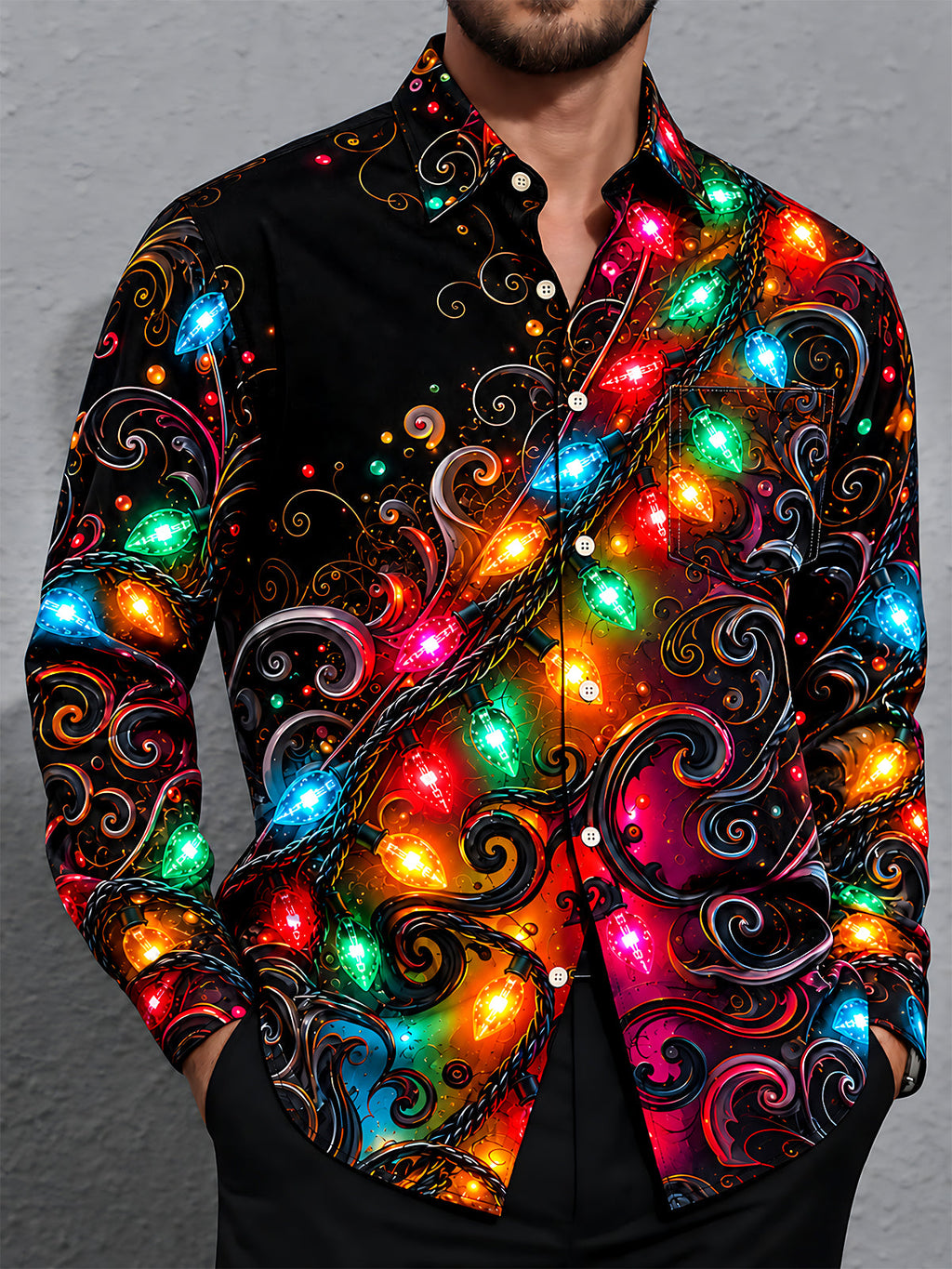 Oceanlyte Men's Christmas Light String And Swirls Print Long Sleeve Shirt with Chest Pocket