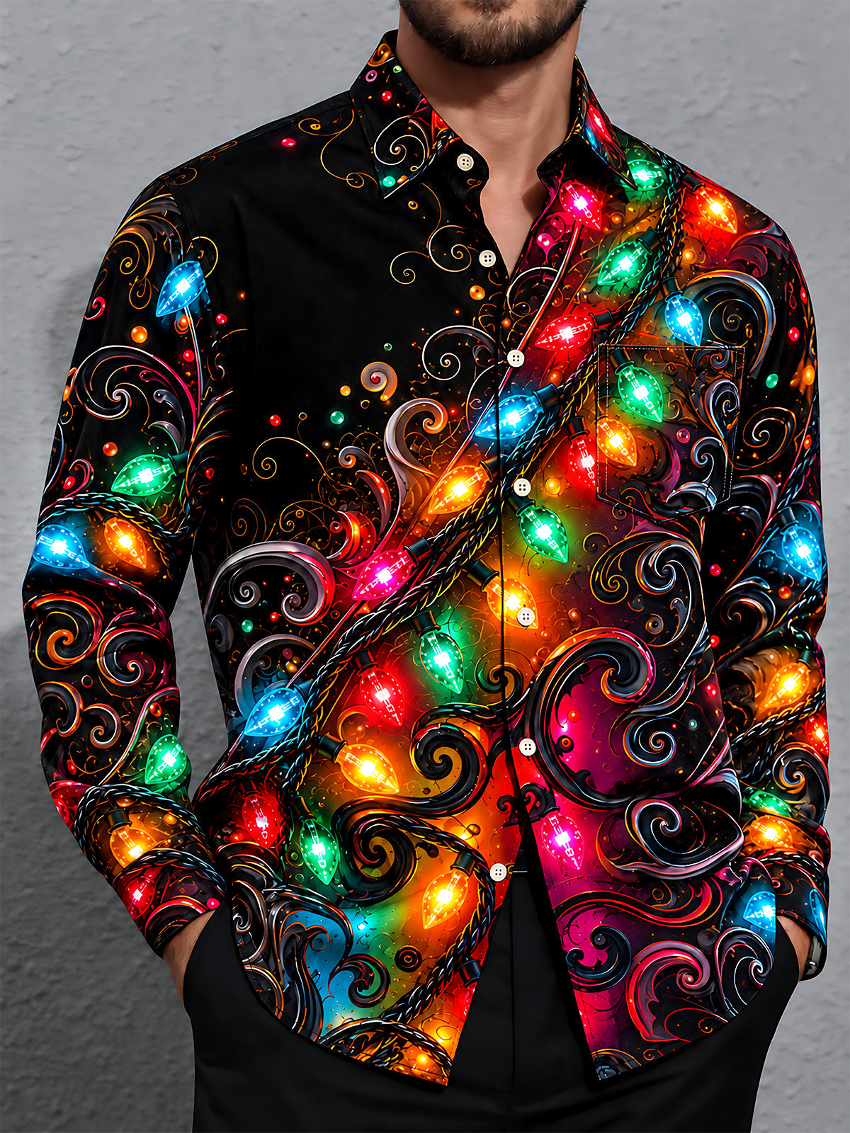 Oceanlyte Men's Christmas Light String And Swirls Print Long Sleeve Shirt with Chest Pocket