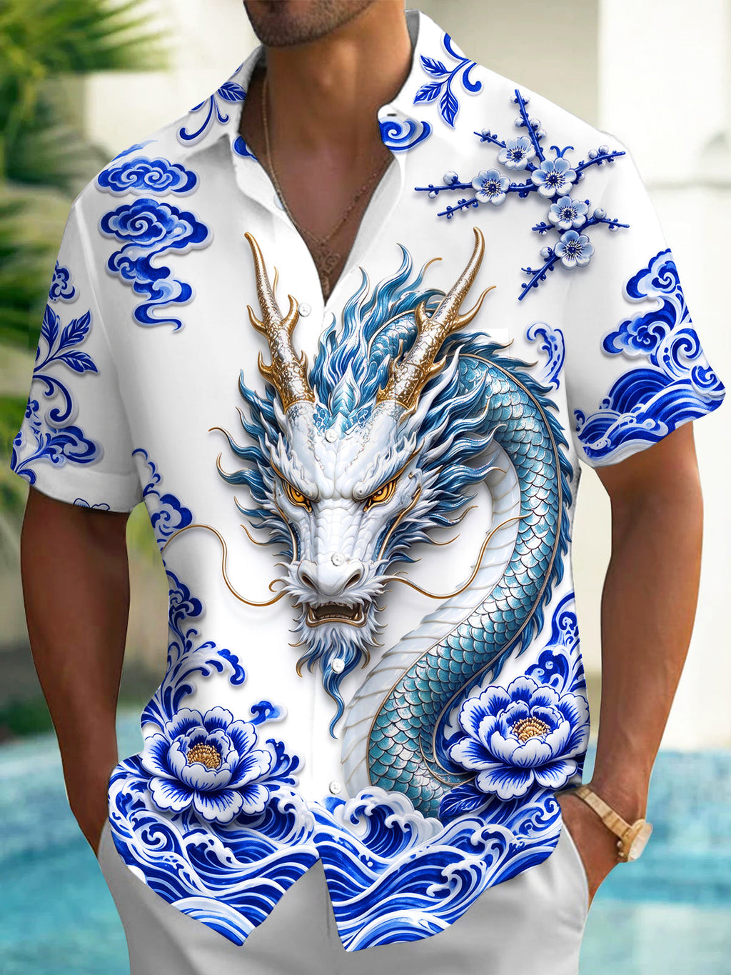 Oceanlyte Men's Printed Blue And White Porcelain Dragon Print Short Sleeve Shirt with Chest Pocket