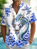 Oceanlyte Men's Printed Blue And White Porcelain Dragon Print Short Sleeve Shirt with Chest Pocket