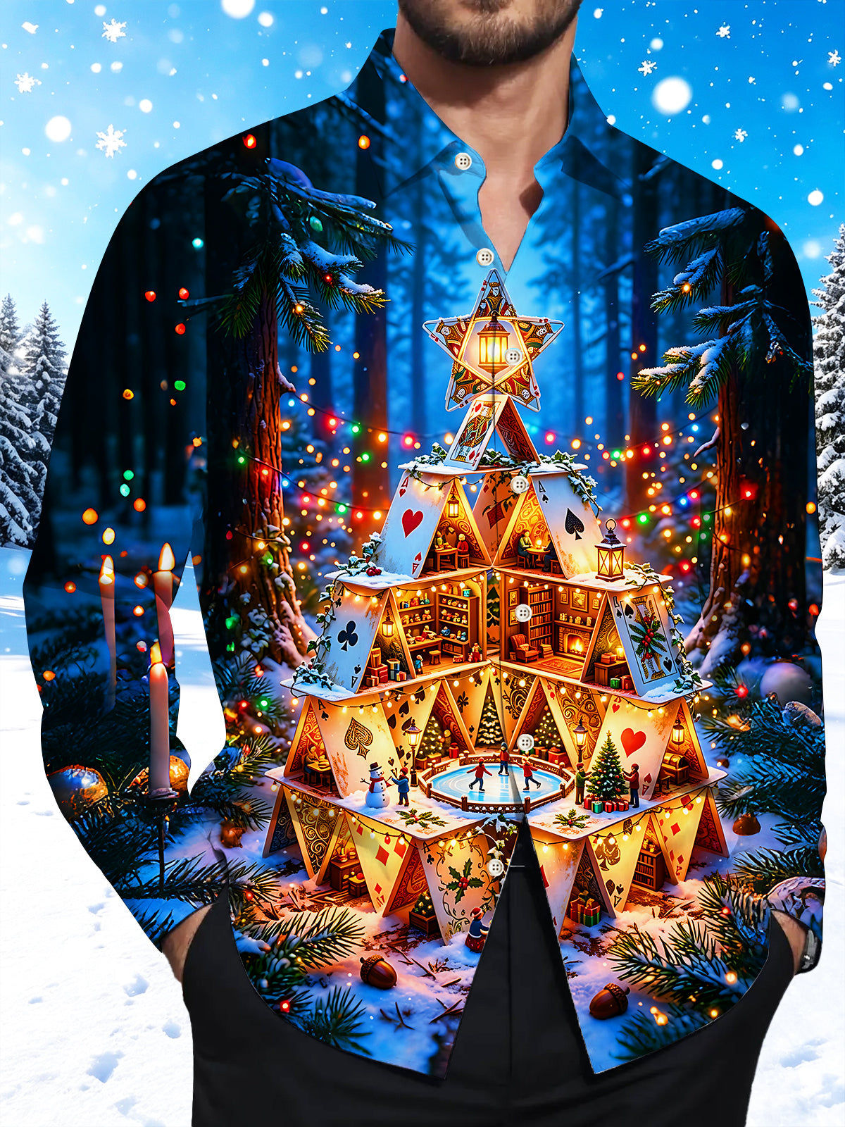 Oceanlyte Men's Printed Christmas Card House Print Long Sleeve Shirt with Chest Pocket