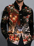 Oceanlyte Men's Long Sleeve Shirt - Christmas Winter Reindeer And Snowy Cabin Scene Print with Chest Pocket