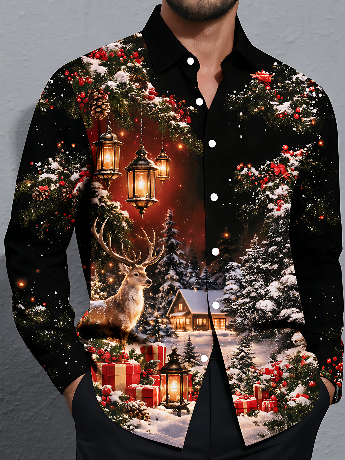 Oceanlyte Men's Long Sleeve Shirt - Christmas Winter Reindeer And Snowy Cabin Scene Print with Chest Pocket
