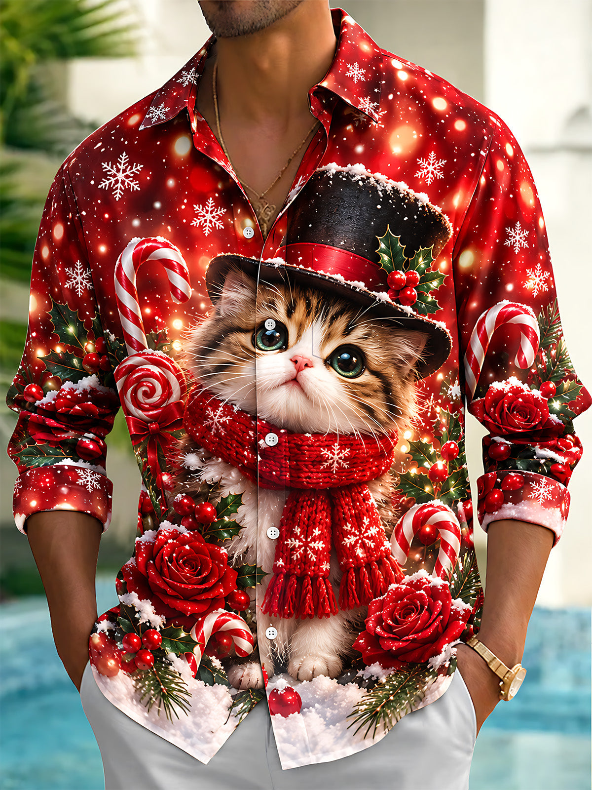Oceanlyte Men's Christmas Cat With Top Hat And Scarf Print Long Sleeve Shirt with Chest Pocket