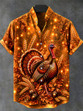 Oceanlyte Men's Short Sleeve Stand Collar Shirt - Thanksgiving Turkey With Wheat And Acorns Print with Chest Pocket