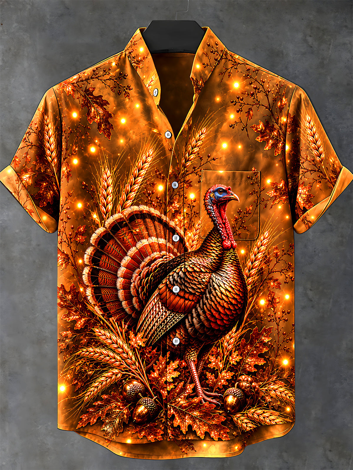 Oceanlyte Men's Short Sleeve Stand Collar Shirt - Thanksgiving Turkey With Wheat And Acorns Print with Chest Pocket