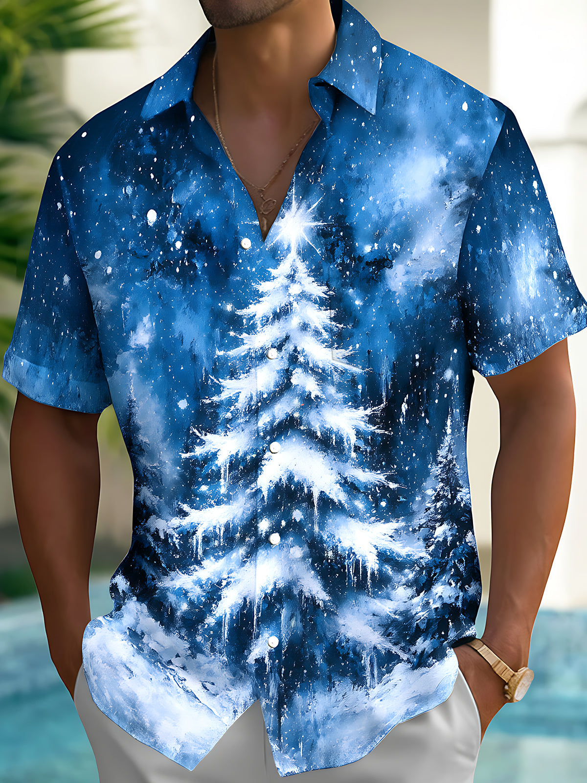 Oceanlyte Men's Hawaiian Snow-covered Christmas Tree Print Short Sleeve Shirt with Chest Pocket