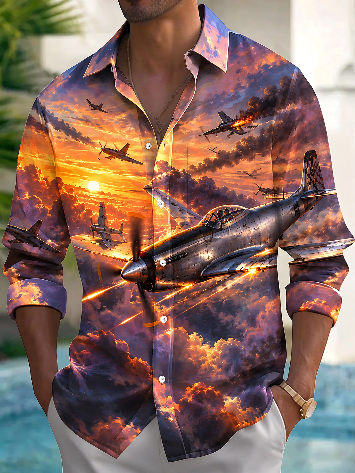 Oceanlyte Men's Long Sleeve Shirt - The "Battle of Britain" Airplanes And Sunset Sky Print with Chest Pocket