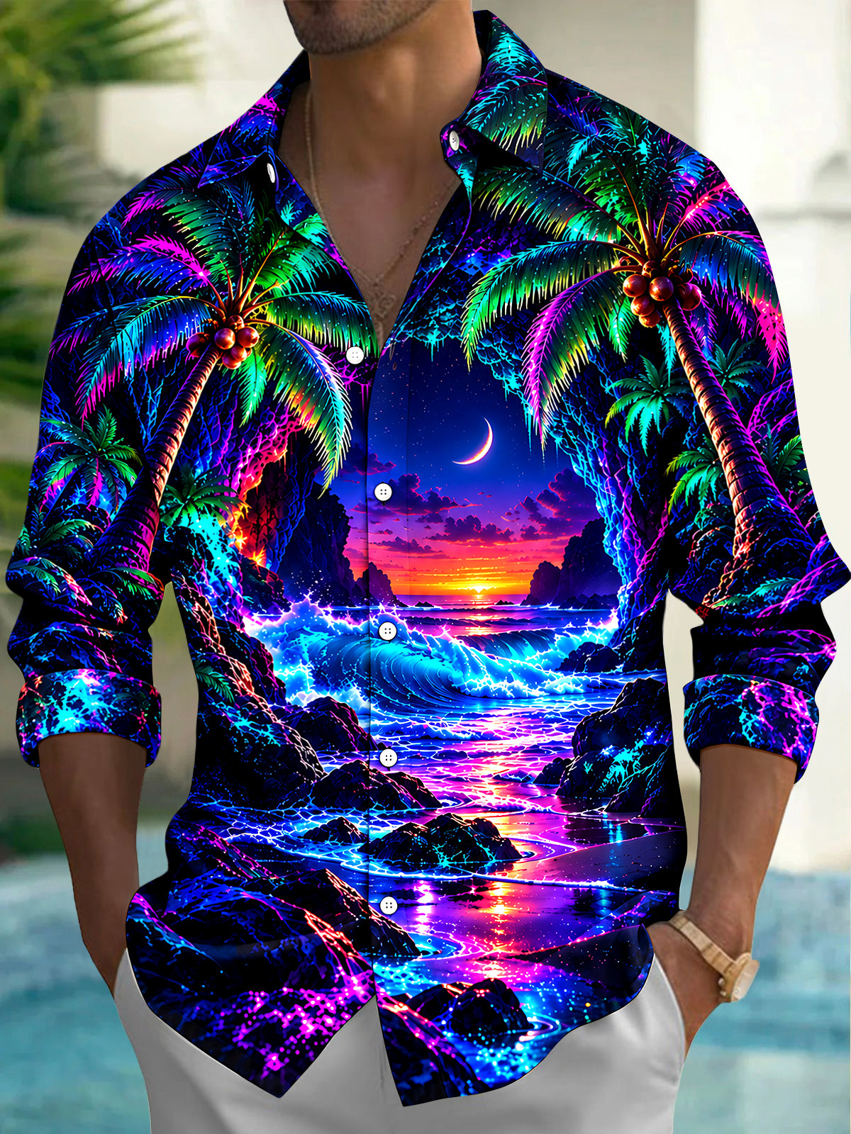 Oceanlyte Men's Long Sleeve Shirt - Neon Palm Trees And Tropical Sunset Beach Print with Chest Pocket