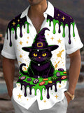 Oceanlyte Men's Short Sleeve Shirt - Halloween Black Cat With Witch Hat And Candy Print with Chest Pocket