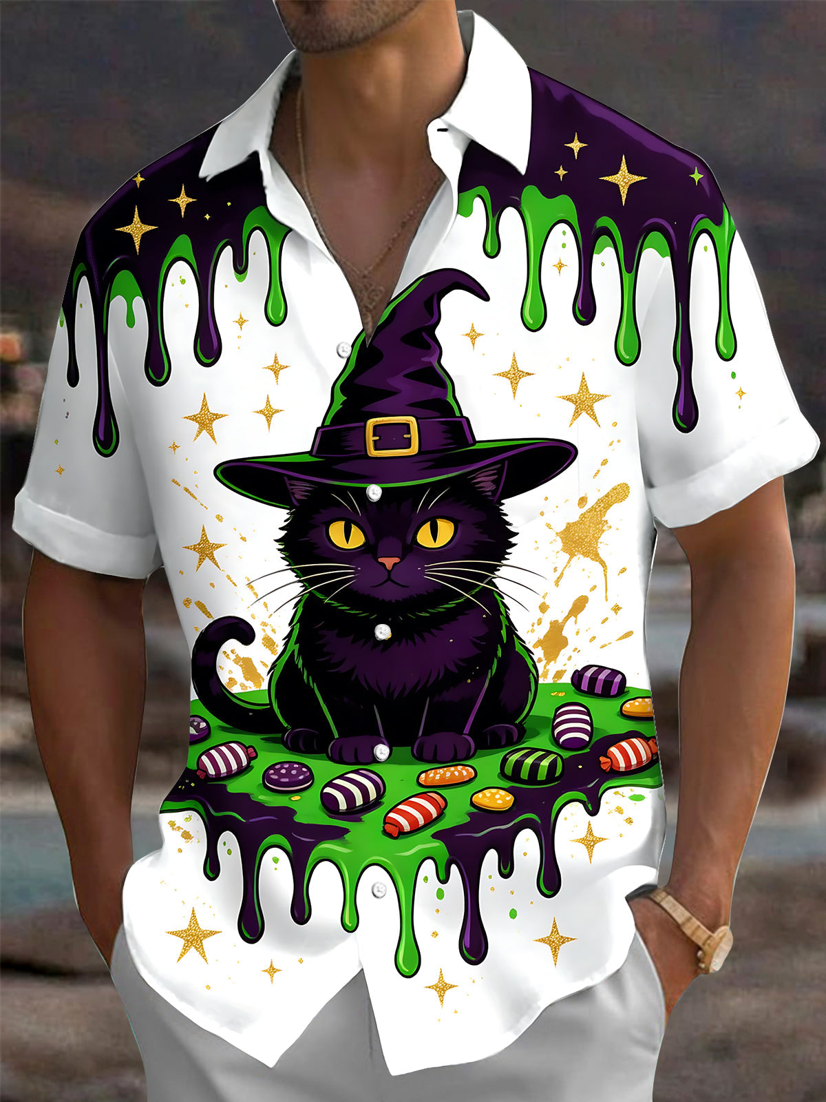 Oceanlyte Men's Short Sleeve Shirt - Halloween Black Cat With Witch Hat And Candy Print with Chest Pocket