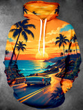 Oceanlyte Men's Long Sleeve Hoodie - Tropical Sunset Coastal Road With Palm Trees And Classic Convertible Car Print