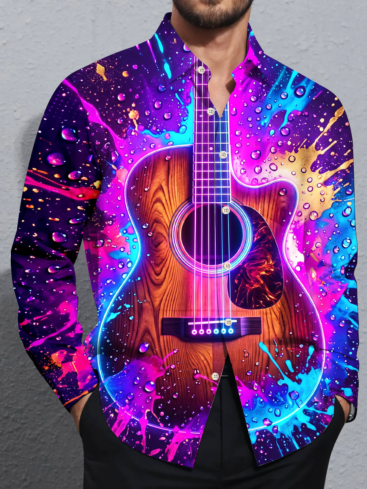 Oceanlyte Men's Long Sleeve Shirt - Acoustic Guitar With Neon Splash And Water Droplets Print with Chest Pocket