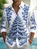 Oceanlyte Men's Long Sleeve Shirt - Christmas Tree With Baroque Floral Patterns Print with Chest Pocket