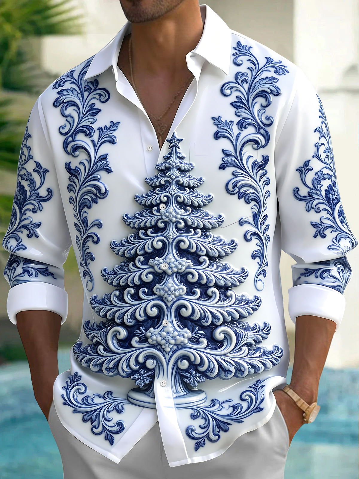 Oceanlyte Men's Long Sleeve Shirt - Christmas Tree With Baroque Floral Patterns Print with Chest Pocket