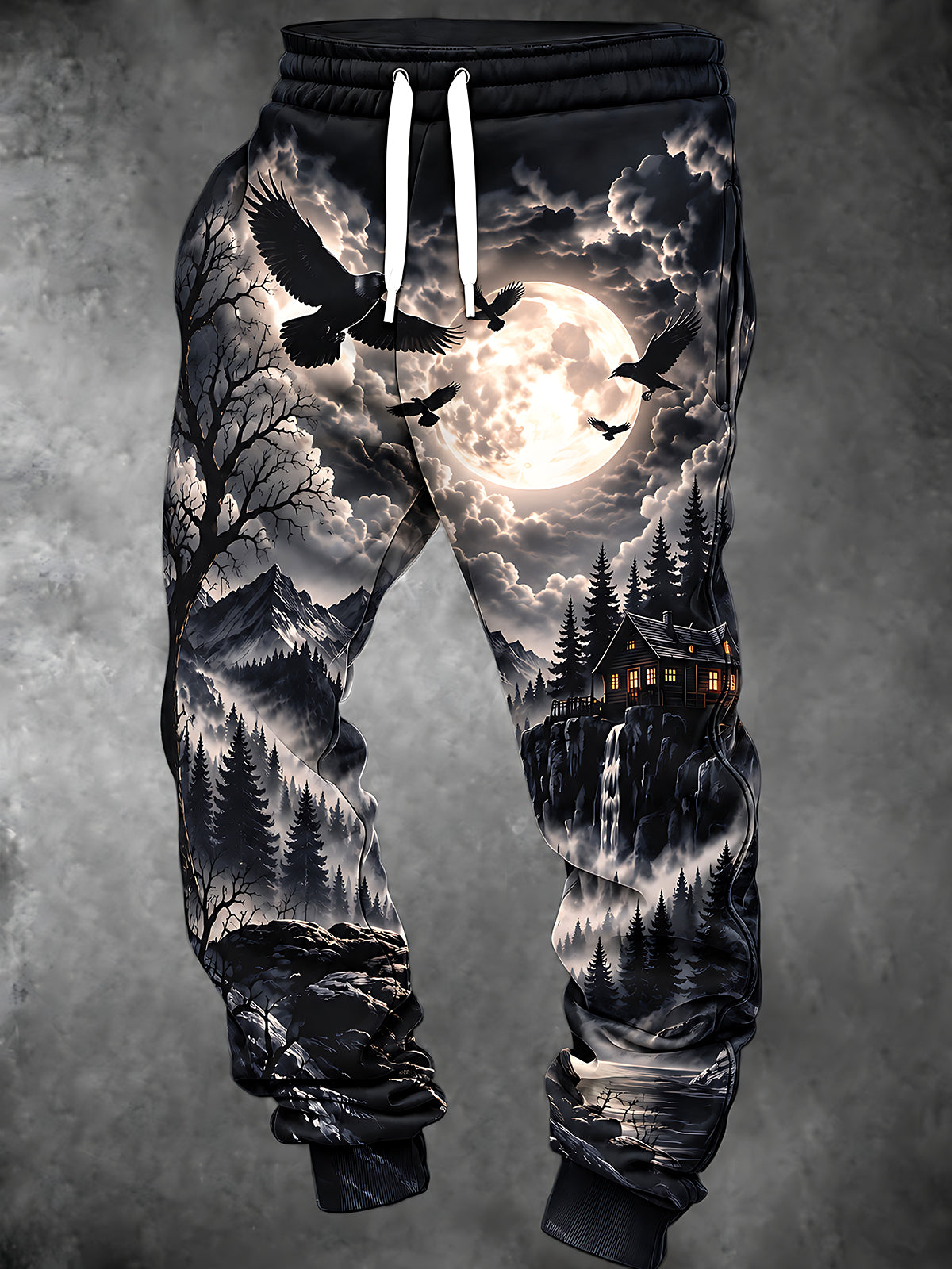 Oceanlyte Men's Full Moon Night Landscape With Birds And Cabin Print Pants