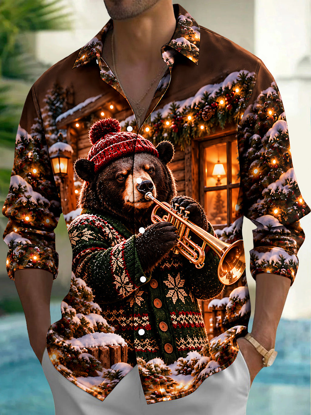 Oceanlyte Men's Long Sleeve Shirt - Christmas Brown Bear Playing Trumpet In Winter Scene Print with Chest Pocket