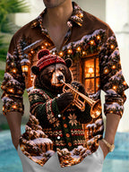Oceanlyte Men's Long Sleeve Shirt - Christmas Brown Bear Playing Trumpet In Winter Scene Print with Chest Pocket