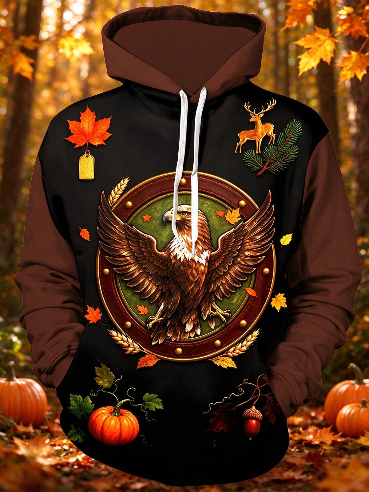 Oceanlyte Men's Long Sleeve Pullover Hoodie - Autumn Eagle Badge With Fall Leaves Print with Kangaroo Pocket