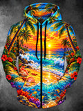 Oceanlyte Men's Long Sleeve Zip-Up Hoodie - Tropical Beach Sunset With Palm Trees And Hibiscus Print