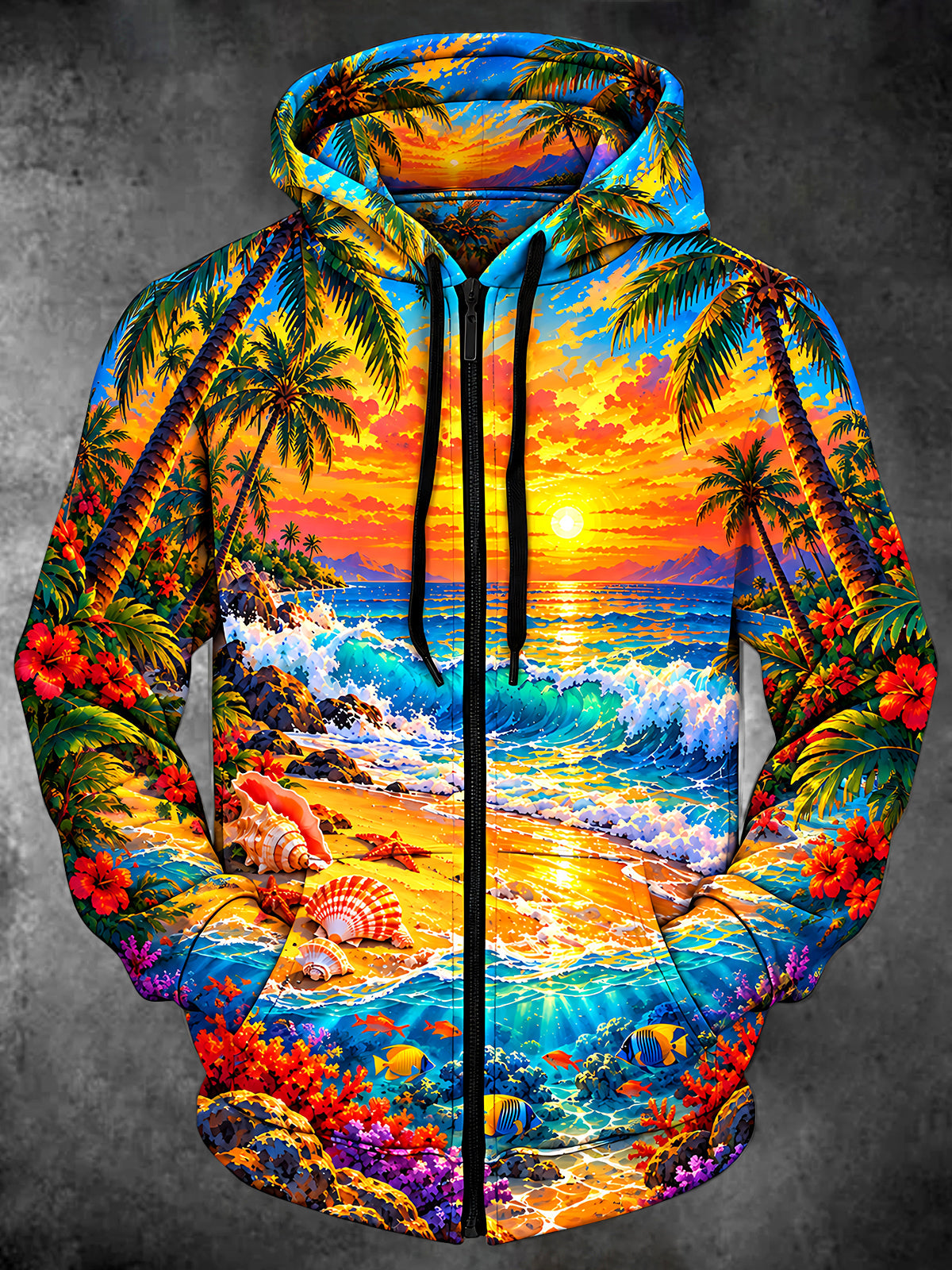 Oceanlyte Men's Long Sleeve Zip-Up Hoodie - Tropical Beach Sunset With Palm Trees And Hibiscus Print