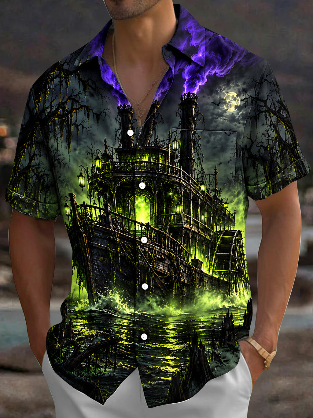 Oceanlyte Men's Short Sleeve Shirt - Halloween Ghostly Steamboat With Green Fog And Purple Smoke Print with Chest Pocket