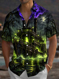 Oceanlyte Men's Short Sleeve Shirt - Halloween Ghostly Steamboat With Green Fog And Purple Smoke Print with Chest Pocket