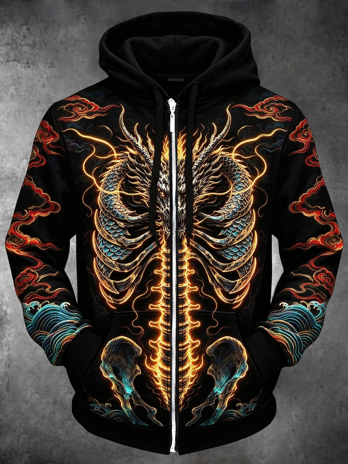 Oceanlyte Men's Long Sleeve Zip-Up Hoodie - Dragon Skeleton With Glowing Spine And Ribs Print