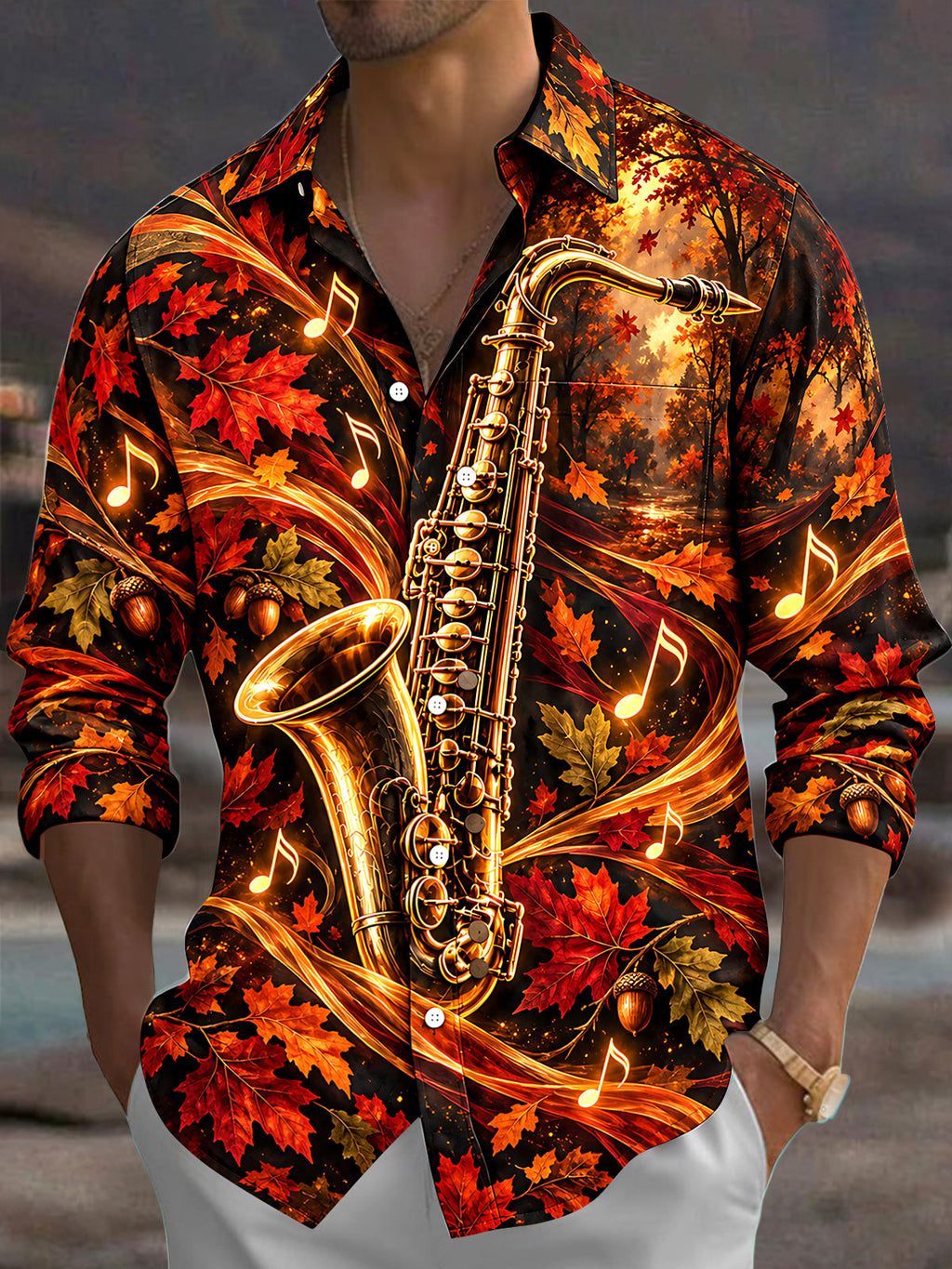 Oceanlyte Men's Saxophone And Autumn Leaves Print Long Sleeve Shirt with Chest Pocket