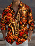 Oceanlyte Men's Saxophone And Autumn Leaves Print Long Sleeve Shirt with Chest Pocket