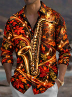 Oceanlyte Men's Saxophone And Autumn Leaves Print Long Sleeve Shirt with Chest Pocket