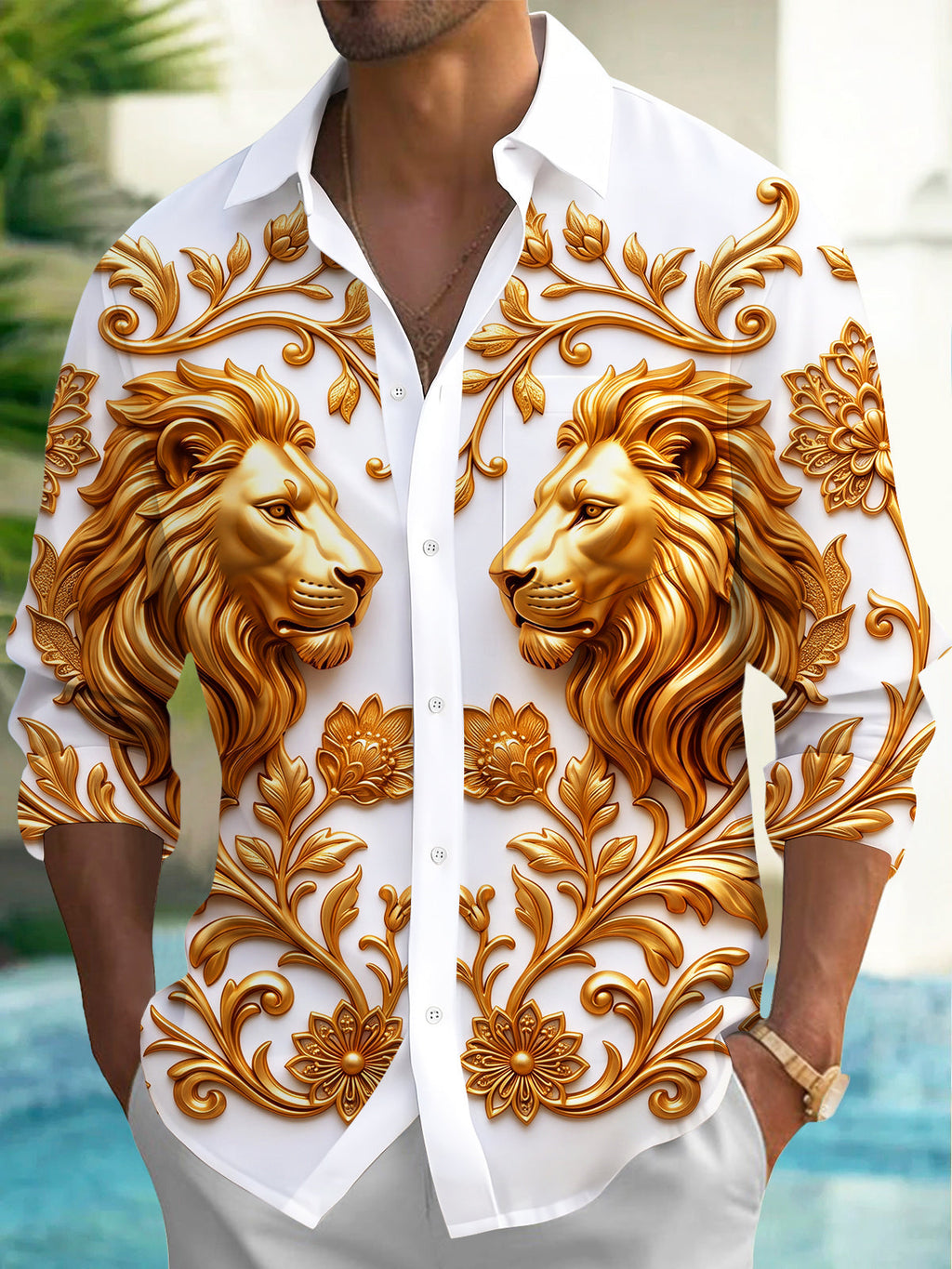 Oceanlyte Men's Golden Lions And Floral Baroque Patterns Print Long Sleeve Shirt with Chest Pocket