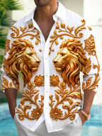 Oceanlyte Men's Golden Lions And Floral Baroque Patterns Print Long Sleeve Shirt with Chest Pocket