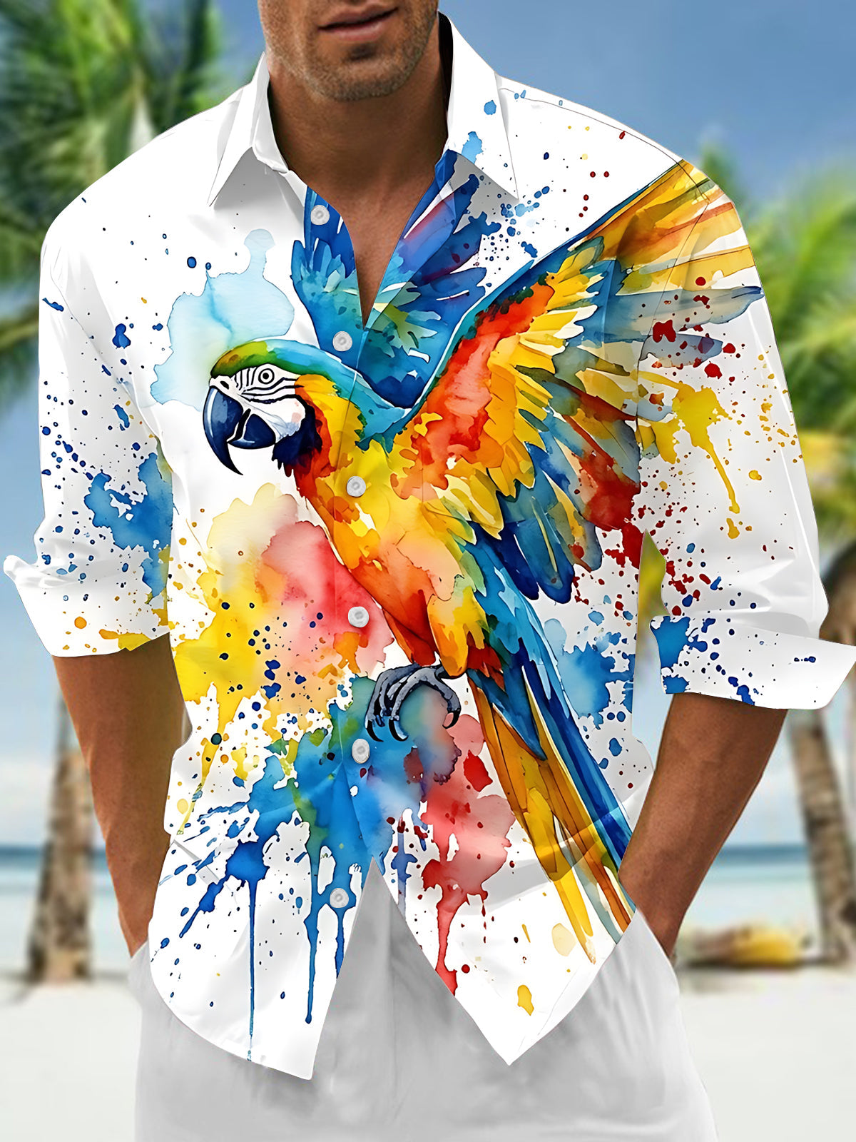 Oceanlyte Men's Short Sleeve Shirt - Watercolor Macaw Parrot With Splatter Paint Print with Chest Pocket