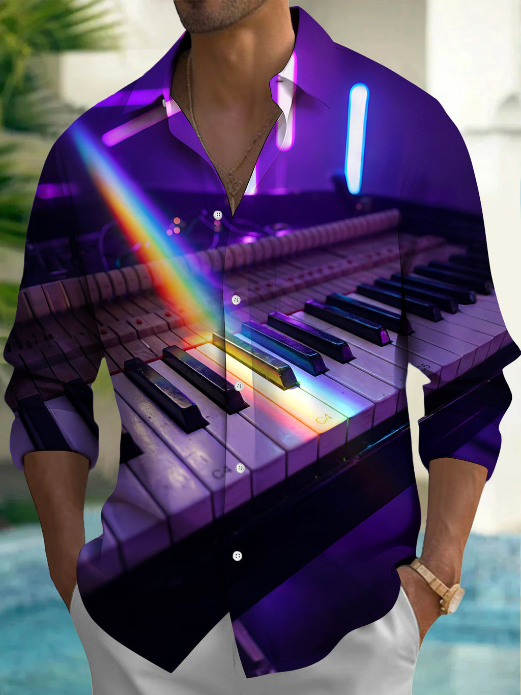 Oceanlyte Men's Long Sleeve Shirt - Neon Piano Keyboard With Rainbow Light Beam Print with Chest Pocket
