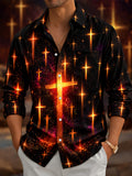 Oceanlyte Men's Long Sleeve Shirt - Glowing Golden Crosses On Cosmic Background Print with Chest Pocket