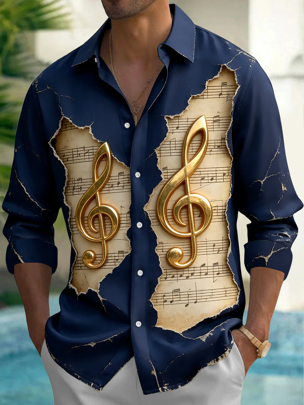 Oceanlyte Men's Long Sleeve Shirt - Vintage Sheet Music And Golden Treble Clefs Print with Chest Pocket