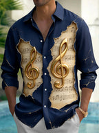 Oceanlyte Men's Long Sleeve Shirt - Vintage Sheet Music And Golden Treble Clefs Print with Chest Pocket