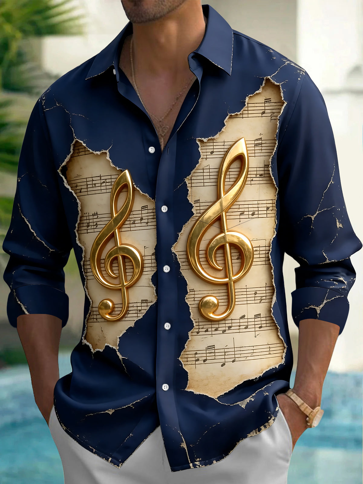 Oceanlyte Men's Long Sleeve Shirt - Vintage Sheet Music And Golden Treble Clefs Print with Chest Pocket