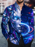 Oceanlyte Men's Long Sleeve Shirt - Cyber Robot Face And Futuristic Cityscape Print with Chest Pocket