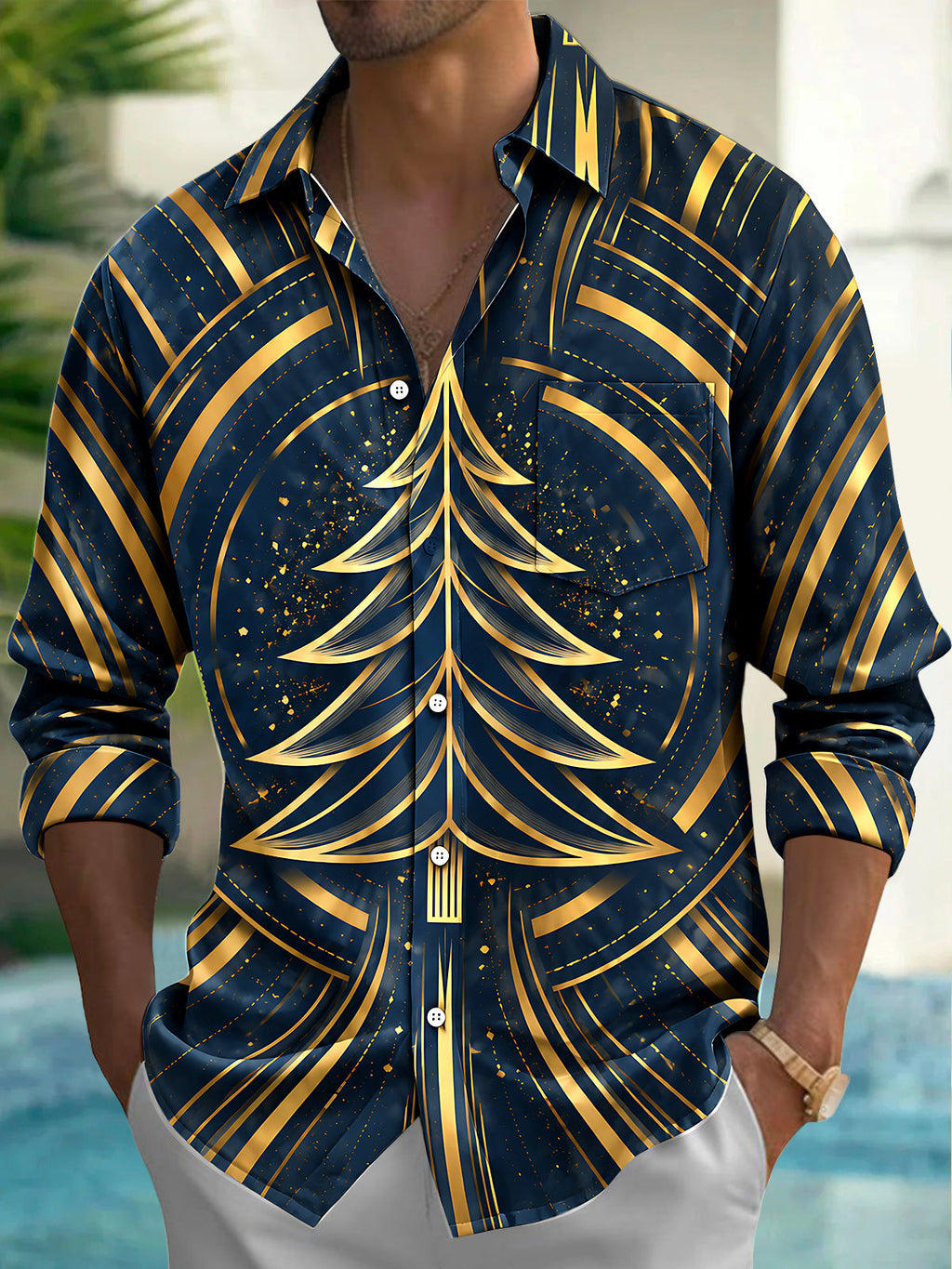 Oceanlyte Men's Christmas Tree And Geometric Lines Print Long Sleeve Shirt with Chest Pocket